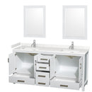 Wyndham Sheffield 72" Double Bathroom Vanity In White with Carrara Cultured Marble Countertop Undermount Square Sinks and 24" Mirrors WCS141472DWHC2UNSM24