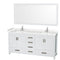 Wyndham Sheffield 72" Double Bathroom Vanity In White With Carrara Cultured Marble Countertop Undermount Square Sinks And 70" Mirror WCS141472DWHC2UNSM70