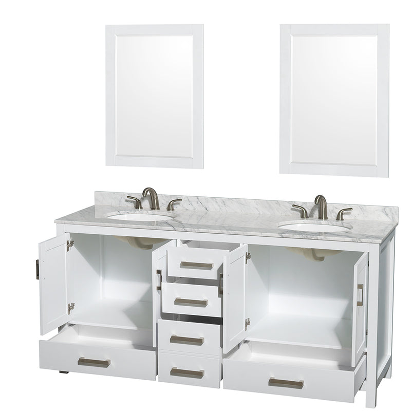 Wyndham Sheffield 72" Double Bathroom Vanity In White White Carrara Marble Countertop Undermount Oval Sinks and 24" Mirrors WCS141472DWHCMUNOM24