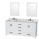 Wyndham Sheffield 72" Double Bathroom Vanity In White White Carrara Marble Countertop Undermount Oval Sinks And 24" Mirrors WCS141472DWHCMUNOM24