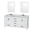 Wyndham Sheffield 72" Double Bathroom Vanity In White White Carrara Marble Countertop Undermount Oval Sinks And 24" Mirrors WCS141472DWHCMUNOM24