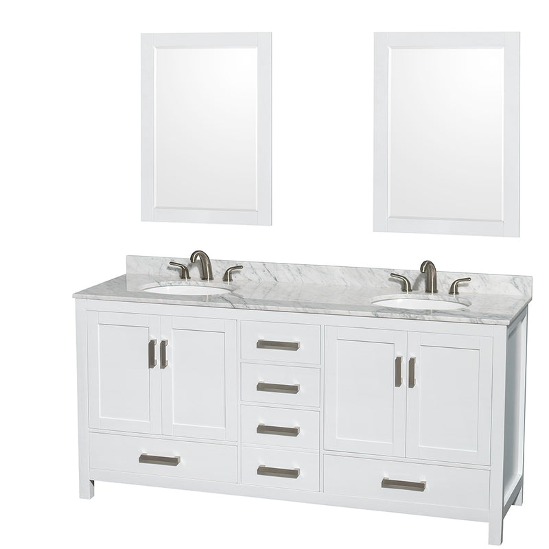 Wyndham Sheffield 72" Double Bathroom Vanity In White White Carrara Marble Countertop Undermount Oval Sinks And 24" Mirrors WCS141472DWHCMUNOM24