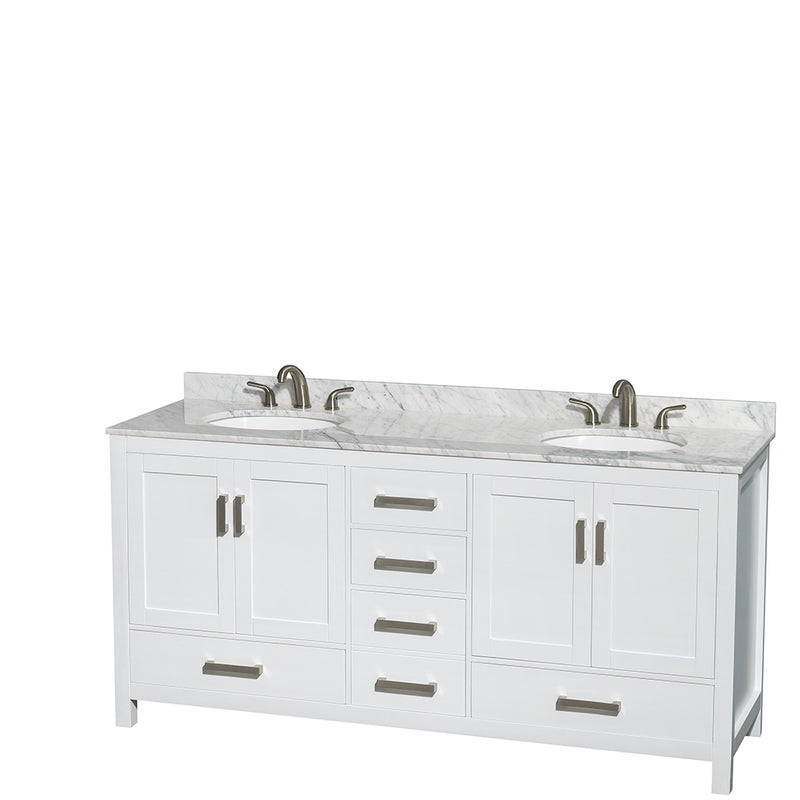 Wyndham Sheffield 72" Double Bathroom Vanity In White White Carrara Marble Countertop Undermount Oval Sinks and 24" Mirrors WCS141472DWHCMUNOM24