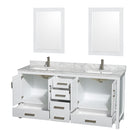 Wyndham Sheffield 72" Double Bathroom Vanity In White White Carrara Marble Countertop Undermount Square Sinks and 24" Mirrors WCS141472DWHCMUNSM24