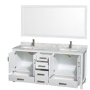 Wyndham Sheffield 72" Double Bathroom Vanity In White White Carrara Marble Countertop Undermount Square Sinks and 70" Mirror WCS141472DWHCMUNSM70