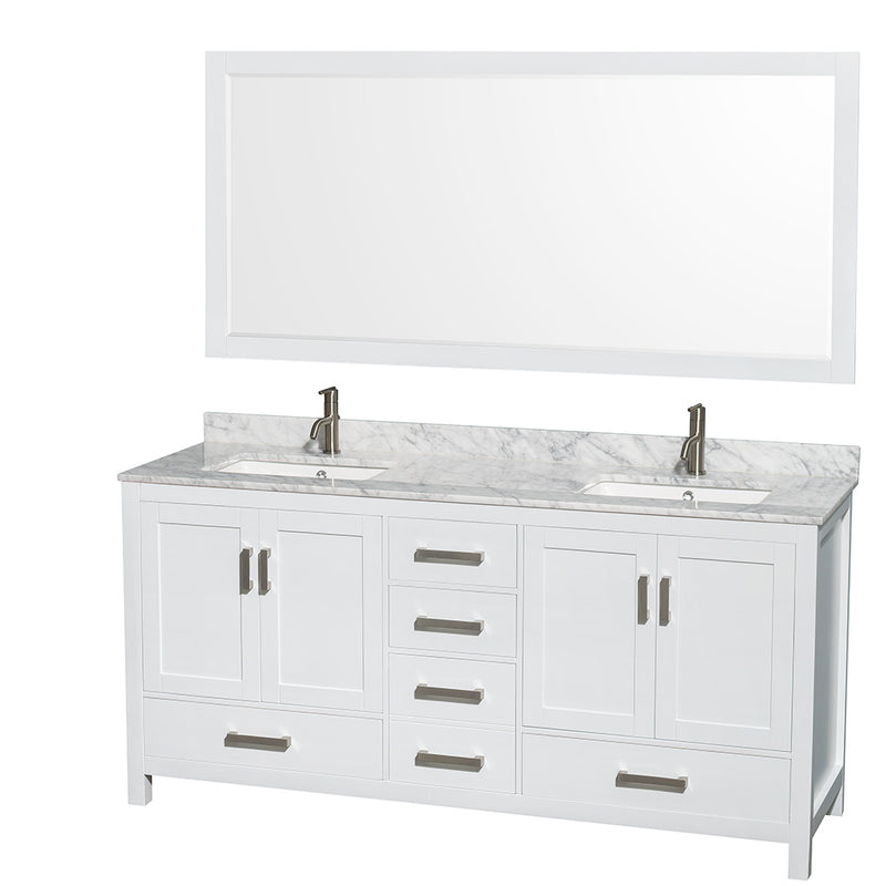 Wyndham Sheffield 72" Double Bathroom Vanity In White White Carrara Marble Countertop Undermount Square Sinks And 70" Mirror WCS141472DWHCMUNSM70