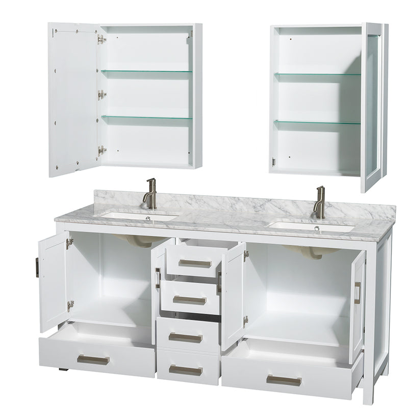 Wyndham Sheffield 72" Double Bathroom Vanity In White White Carrara Marble Countertop Undermount Square Sinks and Medicine Cabinets WCS141472DWHCMUNSMED