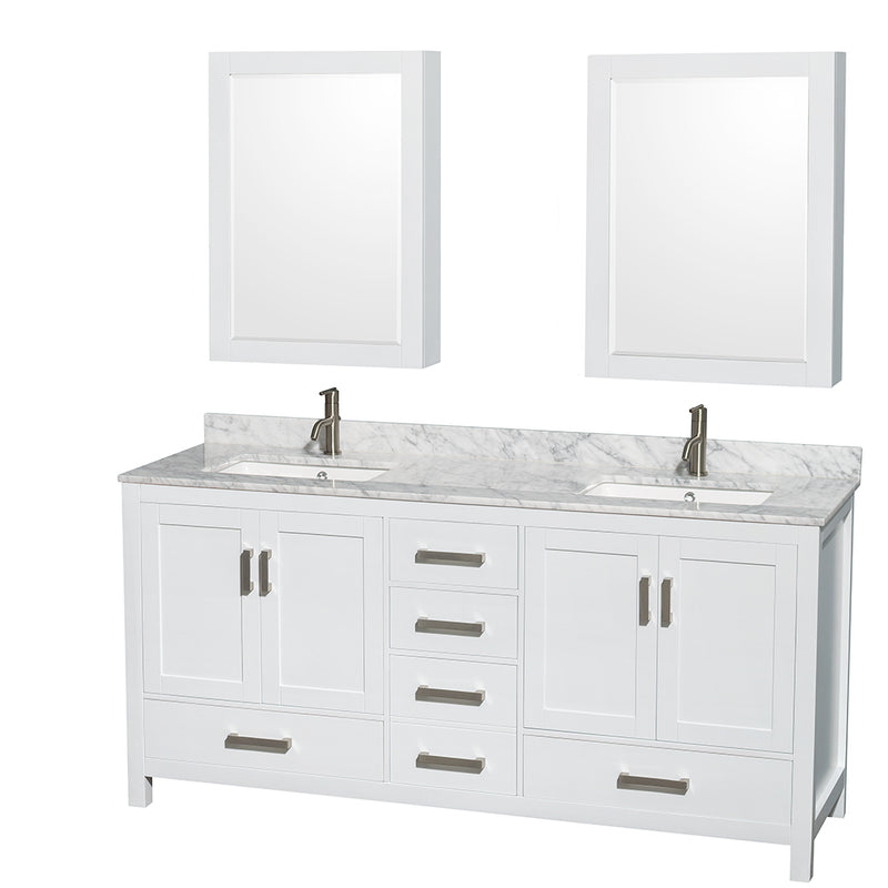 Wyndham Sheffield 72" Double Bathroom Vanity In White White Carrara Marble Countertop Undermount Square Sinks And Medicine Cabinets WCS141472DWHCMUNSMED