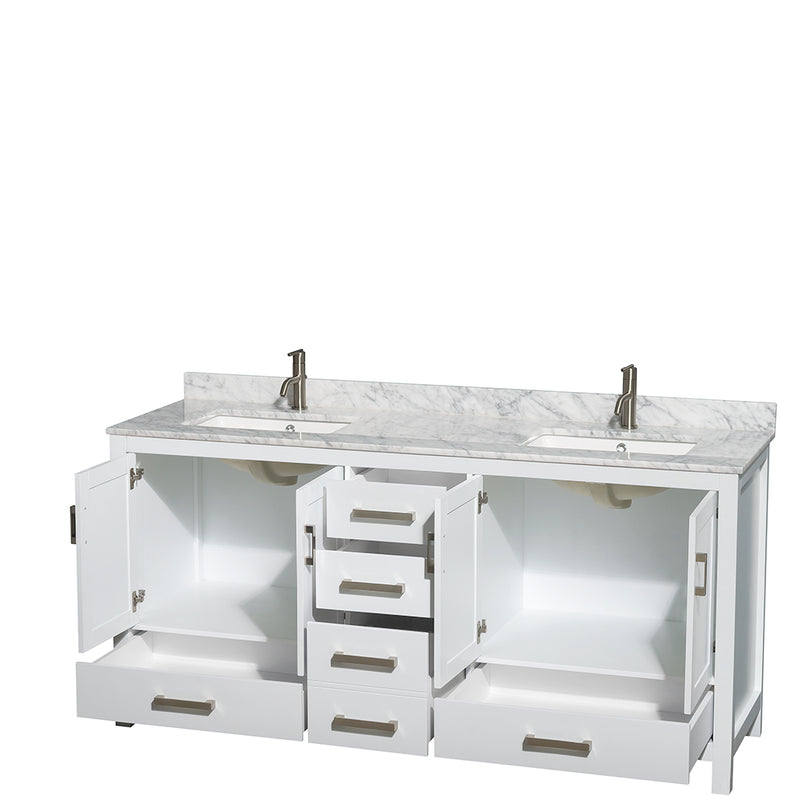 Wyndham Sheffield 72" Double Bathroom Vanity In White White Carrara Marble Countertop Undermount Square Sinks and No Mirror WCS141472DWHCMUNSMXX