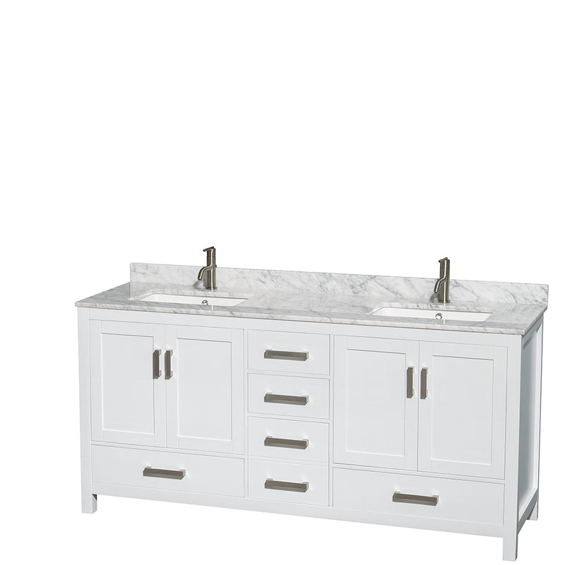 Wyndham Sheffield 72" Double Bathroom Vanity In White White Carrara Marble Countertop Undermount Square Sinks and 70" Mirror WCS141472DWHCMUNSM70