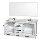 Wyndham Sheffield 72" Double Bathroom Vanity In White White Carrara Marble Countertop Undermount Square Sinks 3-Hole and 70" Mirror WCS141472DWHCMUS3M70