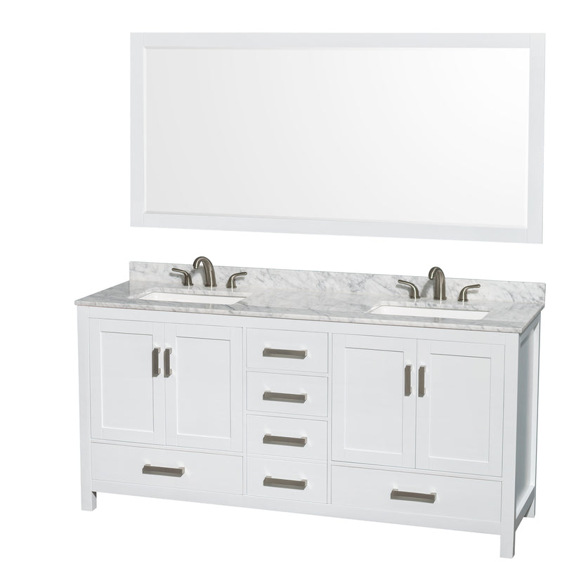 Wyndham Sheffield 72" Double Bathroom Vanity In White White Carrara Marble Countertop Undermount Square Sinks (3-Hole) And 70" Mirror WCS141472DWHCMUS3M70