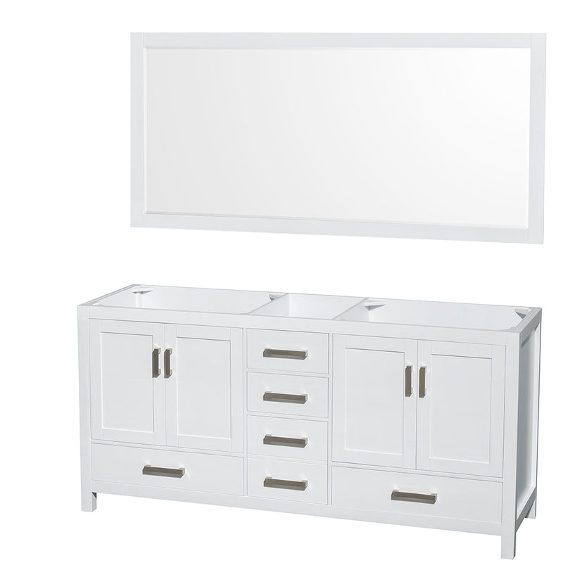 Wyndham Sheffield 72" Double Bathroom Vanity In White No Countertop No Sinks And 70" Mirror WCS141472DWHCXSXXM70