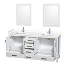 Wyndham Sheffield 72" Double Bathroom Vanity In White with White Cultured Marble Countertop Undermount Square Sinks and 24" Mirrors WCS141472DWHWCUNSM24