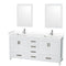 Wyndham Sheffield 72" Double Bathroom Vanity In White With White Cultured Marble Countertop Undermount Square Sinks And 24" Mirrors WCS141472DWHWCUNSM24