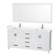 Wyndham Sheffield 72" Double Bathroom Vanity In White With White Cultured Marble Countertop Undermount Square Sinks And 70" Mirror WCS141472DWHWCUNSM70