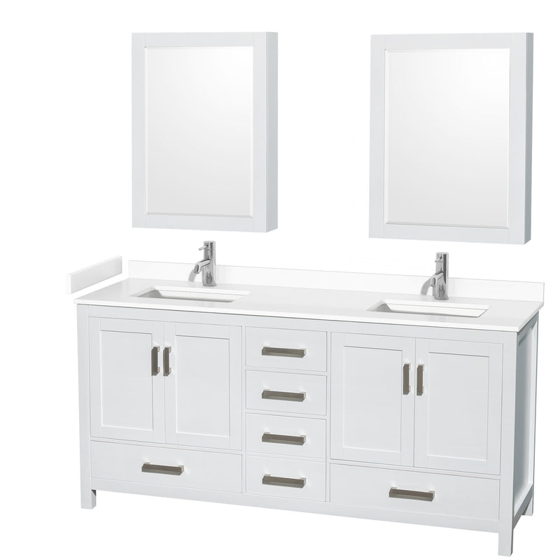 Wyndham Sheffield 72" Double Bathroom Vanity In White With White Cultured Marble Countertop Undermount Square Sinks And Medicine Cabinets WCS141472DWHWCUNSMED