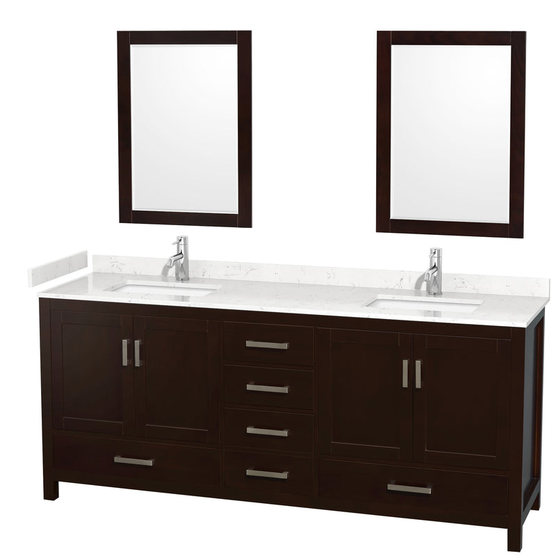 Wyndham Sheffield 80" Double Bathroom Vanity In Espresso With Carrara Cultured Marble Countertop Undermount Square Sinks And 24" Mirrors WCS141480DESC2UNSM24