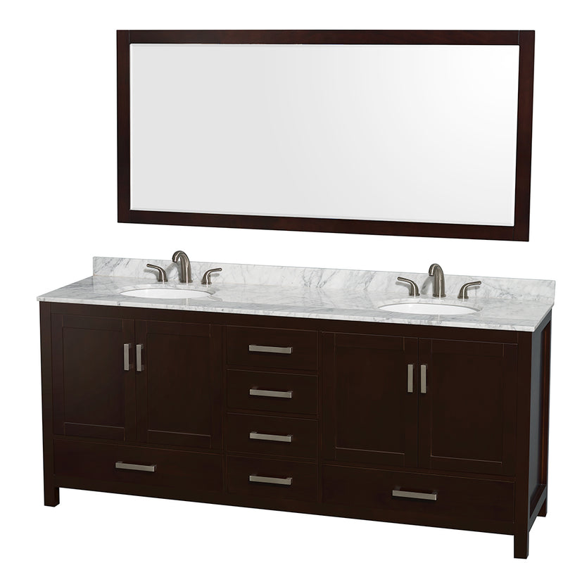 Wyndham Sheffield 80" Double Bathroom Vanity In Espresso White Carrara Marble Countertop Undermount Oval Sinks And 70" Mirror WCS141480DESCMUNOM70