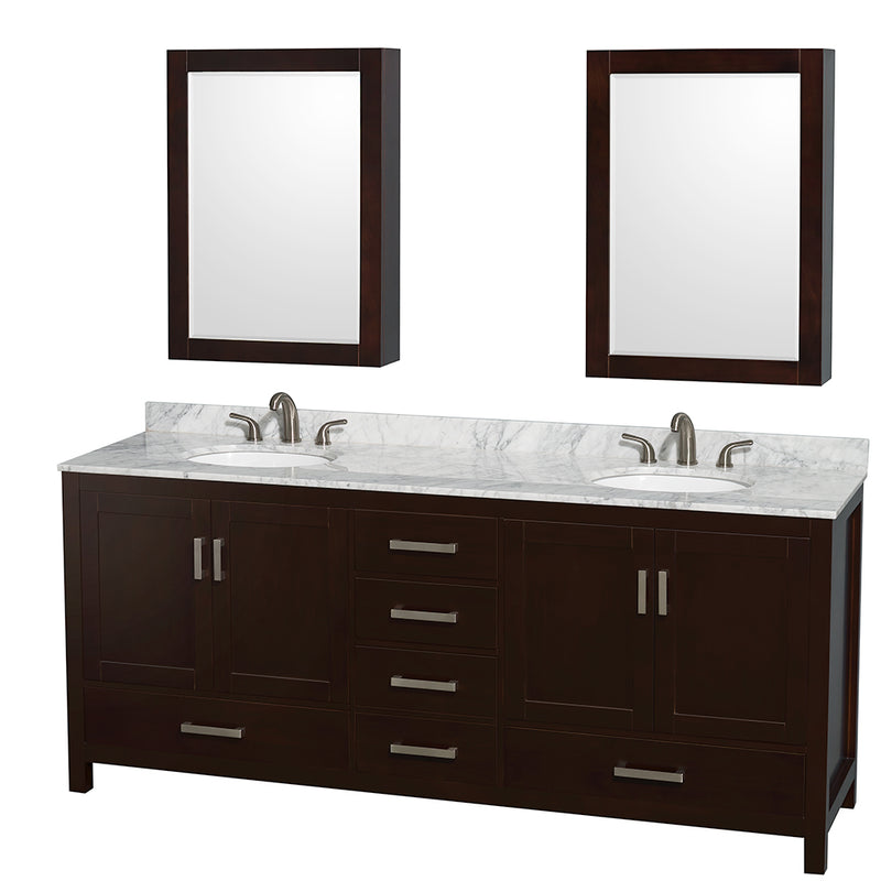 Wyndham Sheffield 80" Double Bathroom Vanity In Espresso White Carrara Marble Countertop Undermount Oval Sinks And Medicine Cabinets WCS141480DESCMUNOMED