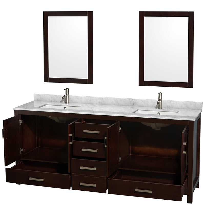 Wyndham Sheffield 80" Double Bathroom Vanity In Espresso White Carrara Marble Countertop Undermount Square Sinks and 24" Mirrors WCS141480DESCMUNSM24