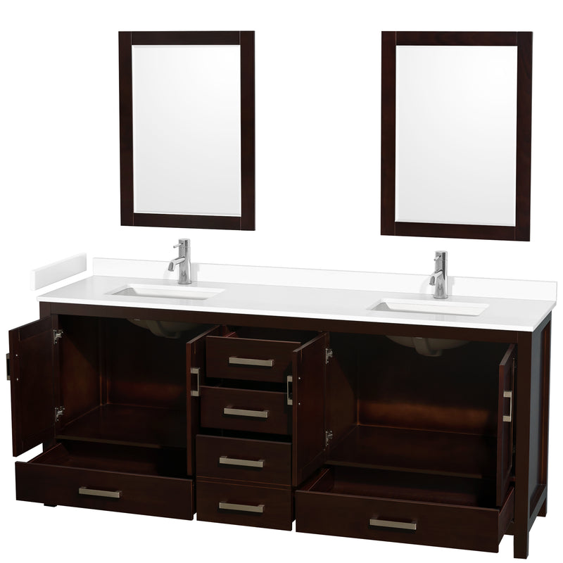 Wyndham Sheffield 80" Double Bathroom Vanity In Espresso with White Cultured Marble Countertop Undermount Square Sinks and 24" Mirrors WCS141480DESWCUNSM24