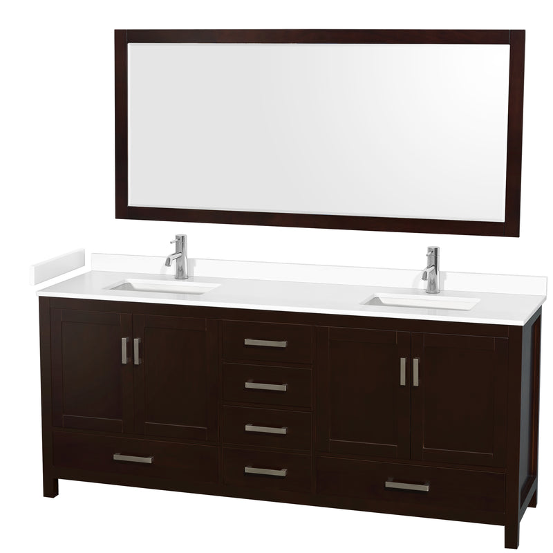 Wyndham Sheffield 80" Double Bathroom Vanity In Espresso With White Cultured Marble Countertop Undermount Square Sinks And 70" Mirror WCS141480DESWCUNSM70