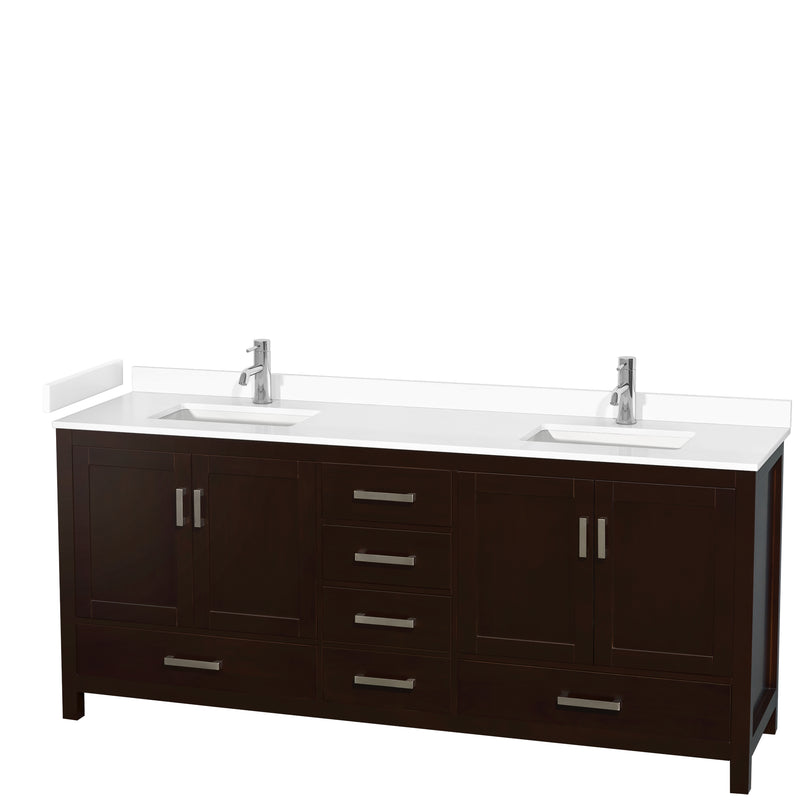 Wyndham Sheffield 80" Double Bathroom Vanity In Espresso With White Cultured Marble Countertop Undermount Square Sinks And No Mirror WCS141480DESWCUNSMXX