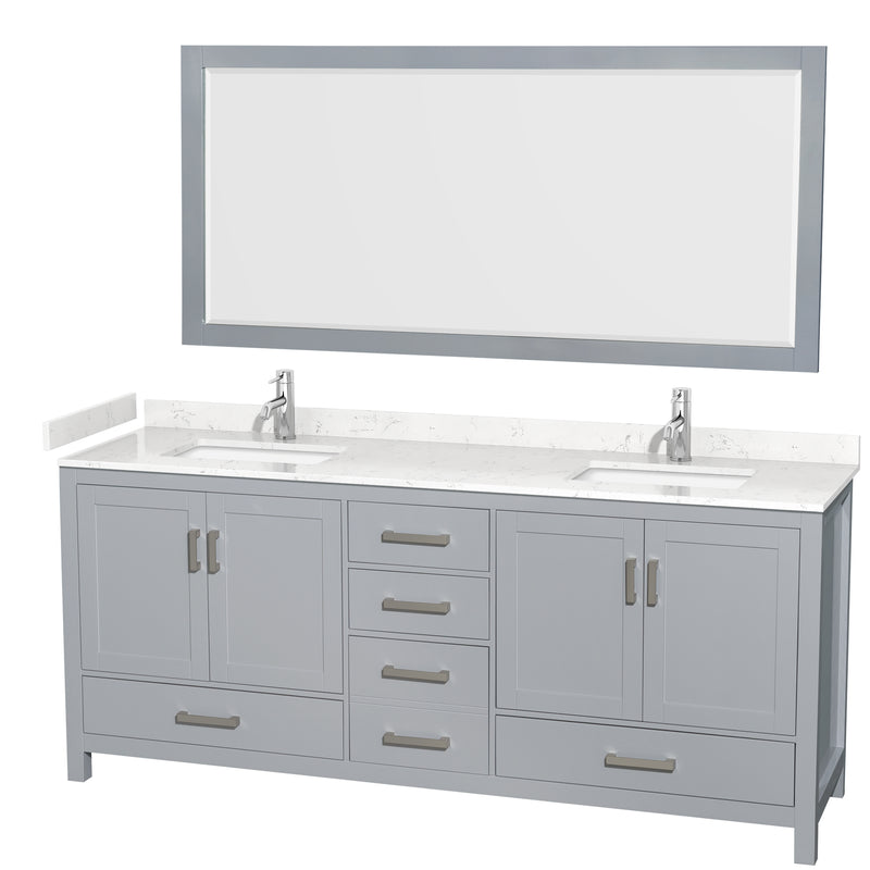 Wyndham Sheffield 80" Double Bathroom Vanity In Gray With Carrara Cultured Marble Countertop Undermount Square Sinks And 70" Mirror WCS141480DGYC2UNSM70