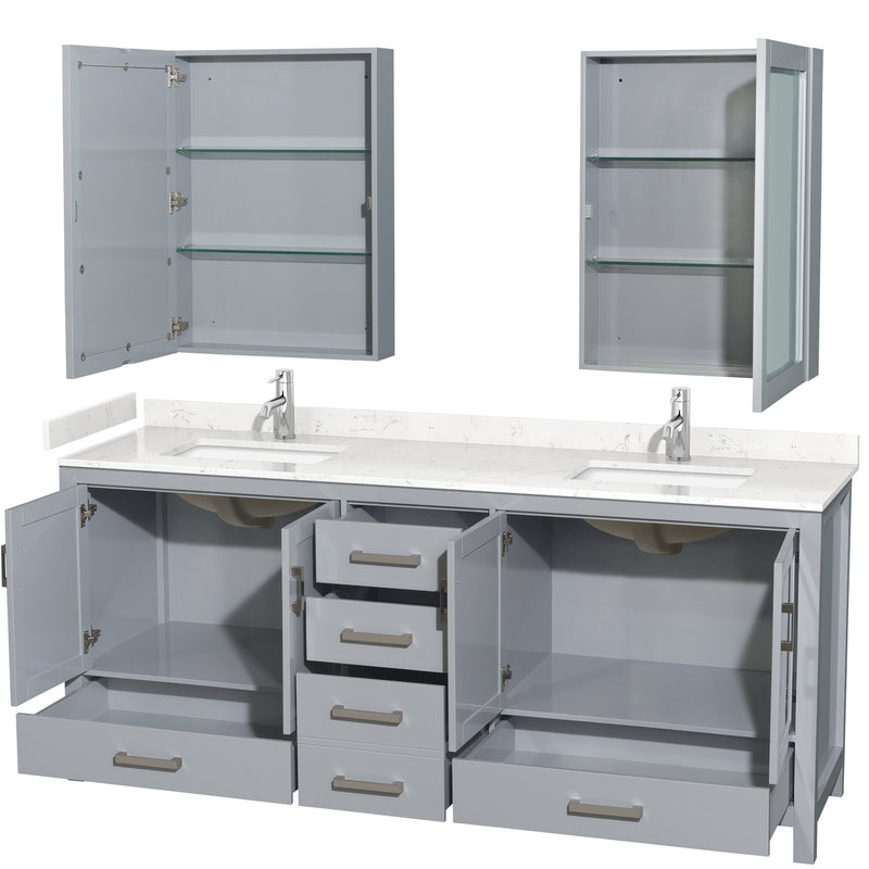 Wyndham Sheffield 80" Double Bathroom Vanity In Gray with Carrara Cultured Marble Countertop Undermount Square Sinks and Medicine Cabinets WCS141480DGYC2UNSMED