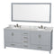 Wyndham Sheffield 80" Double Bathroom Vanity In Gray With White Carrara Marble Countertop Undermount Oval Sinks And 70" Mirror WCS141480DGYCMUNOM70