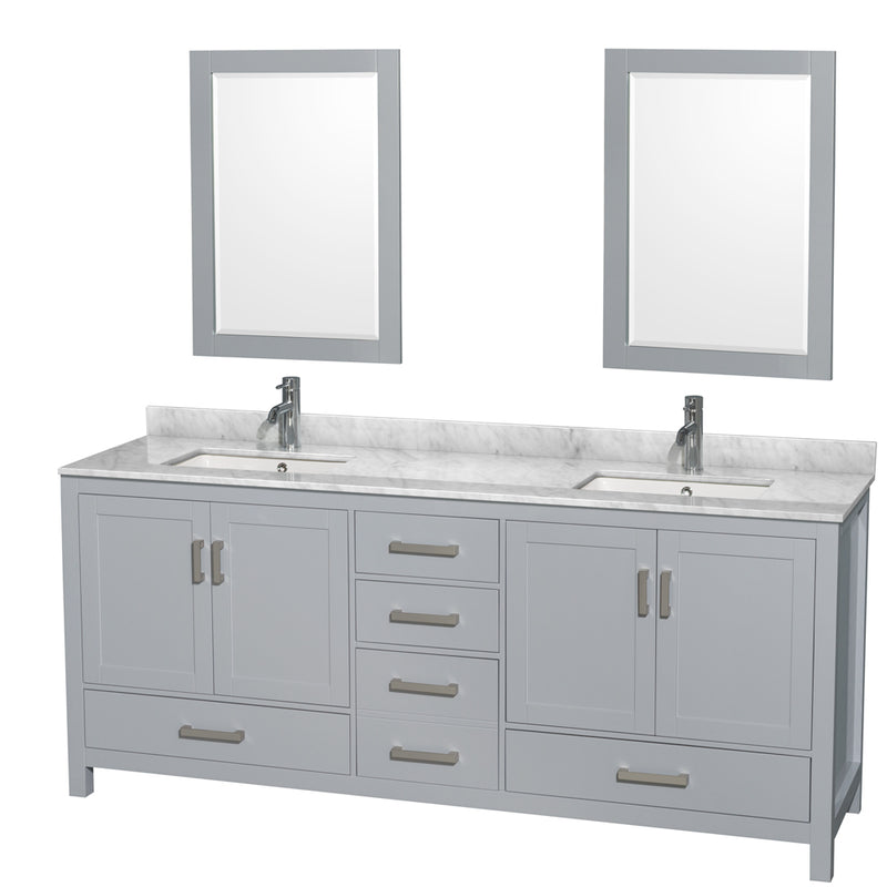 Wyndham Sheffield 80" Double Bathroom Vanity In Gray With White Carrara Marble Countertop Undermount Square Sinks And 24" Mirrors WCS141480DGYCMUNSM24