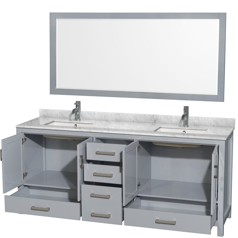 Wyndham Sheffield 80" Double Bathroom Vanity In Gray with White Carrara Marble Countertop Undermount Square Sinks and 70" Mirror WCS141480DGYCMUNSM70