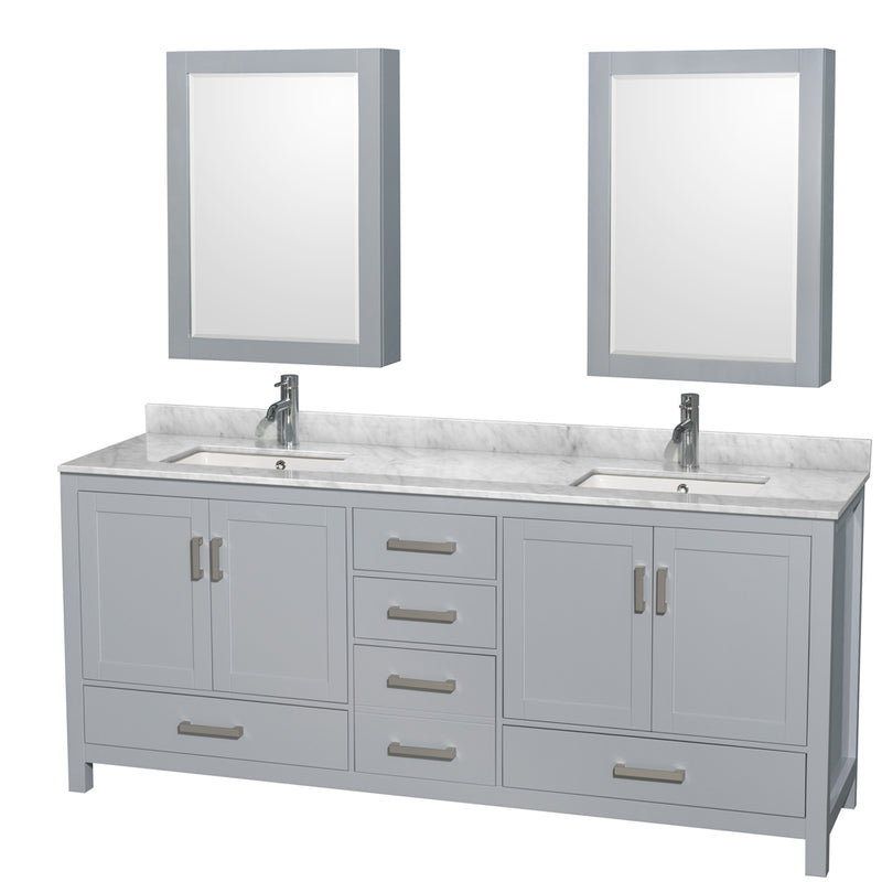 Wyndham Sheffield 80" Double Bathroom Vanity In Gray With White Carrara Marble Countertop Undermount Square Sinks And Medicine Cabinets WCS141480DGYCMUNSMED