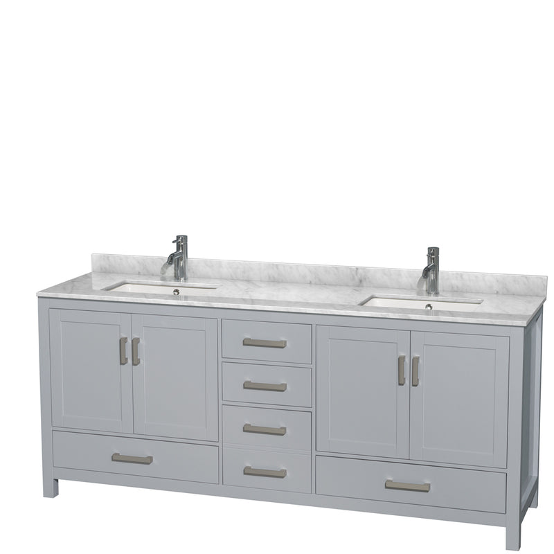 Wyndham Sheffield 80" Double Bathroom Vanity In Gray With White Carrara Marble Countertop Undermount Square Sinks And No Mirror WCS141480DGYCMUNSMXX