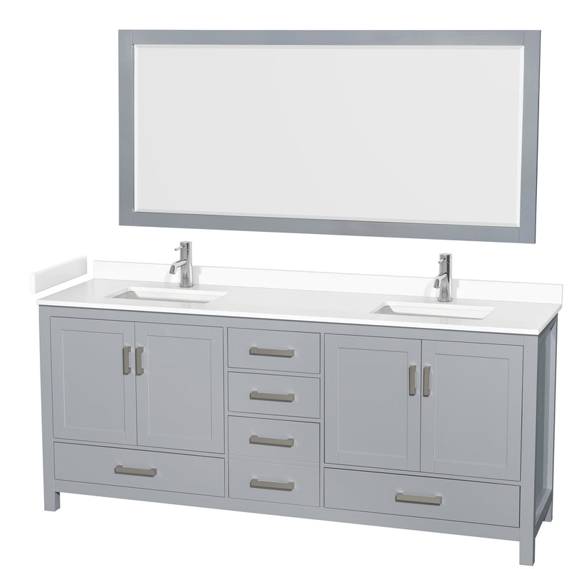 Wyndham Sheffield 80" Double Bathroom Vanity In Gray With White Cultured Marble Countertop Undermount Square Sinks And 70" Mirror WCS141480DGYWCUNSM70