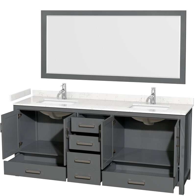 Wyndham Sheffield 80" Double Bathroom Vanity In Dark Gray with Carrara Cultured Marble Countertop Undermount Square Sinks and 70" Mirror WCS141480DKGC2UNSM70