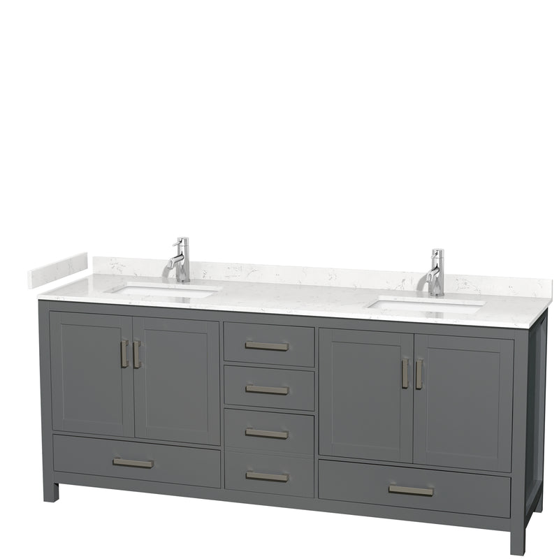 Wyndham Sheffield 80" Double Bathroom Vanity In Dark Gray With Carrara Cultured Marble Countertop Undermount Square Sinks And No Mirror WCS141480DKGC2UNSMXX