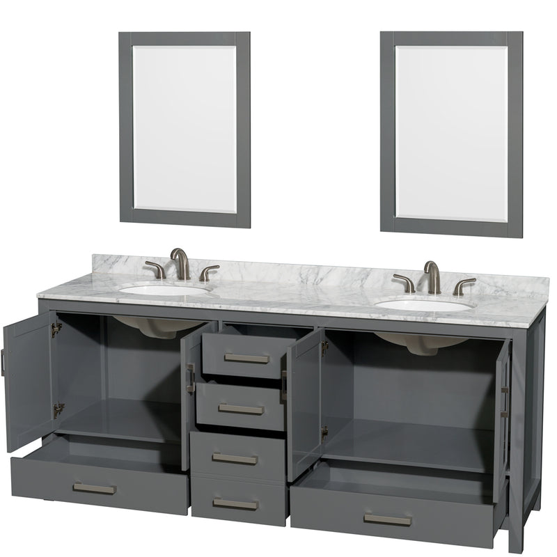 Wyndham Sheffield 80" Double Bathroom Vanity In Dark Gray with White Carrara Marble Countertop Undermount Oval Sinks and 24" Mirrors WCS141480DKGCMUNOM24