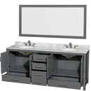 Wyndham Sheffield 80" Double Bathroom Vanity In Dark Gray with White Carrara Marble Countertop Undermount Oval Sinks and 70" Mirror WCS141480DKGCMUNOM70