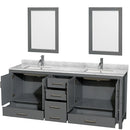 Wyndham Sheffield 80" Double Bathroom Vanity In Dark Gray with White Carrara Marble Countertop Undermount Square Sinks and 24" Mirrors WCS141480DKGCMUNSM24