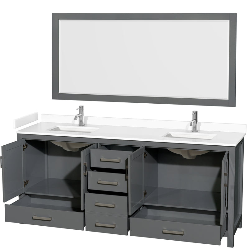 Wyndham Sheffield 80" Double Bathroom Vanity In Dark Gray with White Cultured Marble Countertop Undermount Square Sinks and 70" Mirror WCS141480DKGWCUNSM70