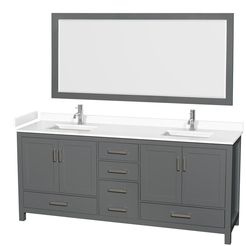 Wyndham Sheffield 80" Double Bathroom Vanity In Dark Gray With White Cultured Marble Countertop Undermount Square Sinks And 70" Mirror WCS141480DKGWCUNSM70