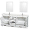 Wyndham Sheffield 80" Double Bathroom Vanity In White with Carrara Cultured Marble Countertop Undermount Square Sinks and 24" Mirrors WCS141480DWHC2UNSM24