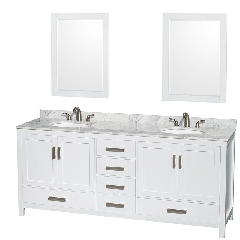 Wyndham Sheffield 80" Double Bathroom Vanity In White White Carrara Marble Countertop Undermount Oval Sinks And 24" Mirrors WCS141480DWHCMUNOM24