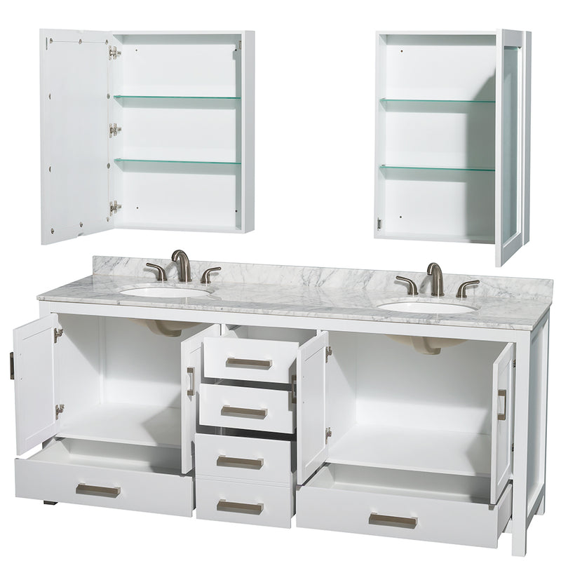 Wyndham Sheffield 80" Double Bathroom Vanity In White White Carrara Marble Countertop Undermount Oval Sinks and Medicine Cabinets WCS141480DWHCMUNOMED