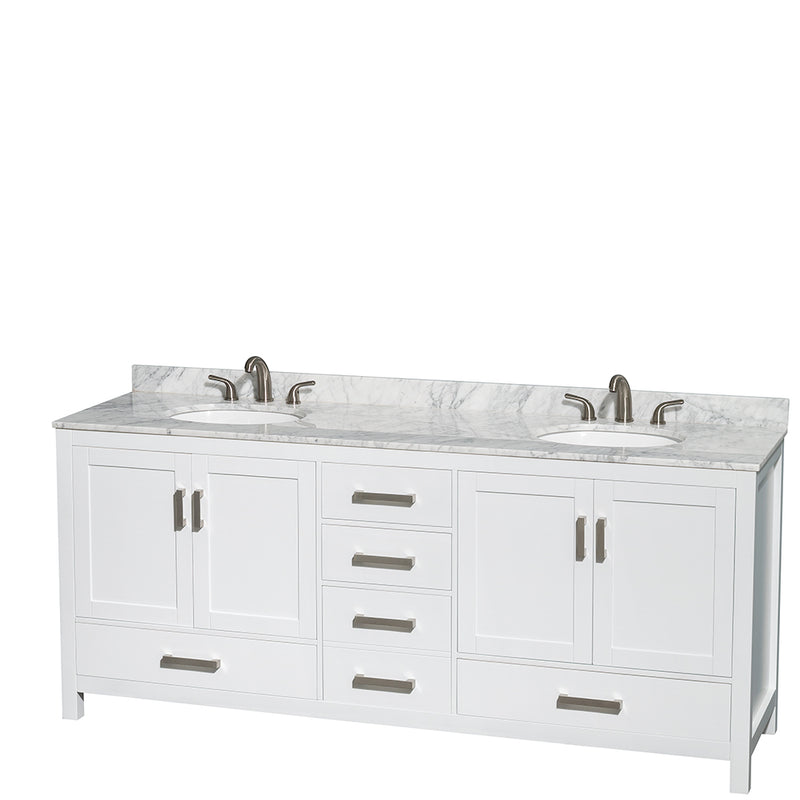 Wyndham Sheffield 80" Double Bathroom Vanity In White White Carrara Marble Countertop Undermount Oval Sinks And No Mirror WCS141480DWHCMUNOMXX