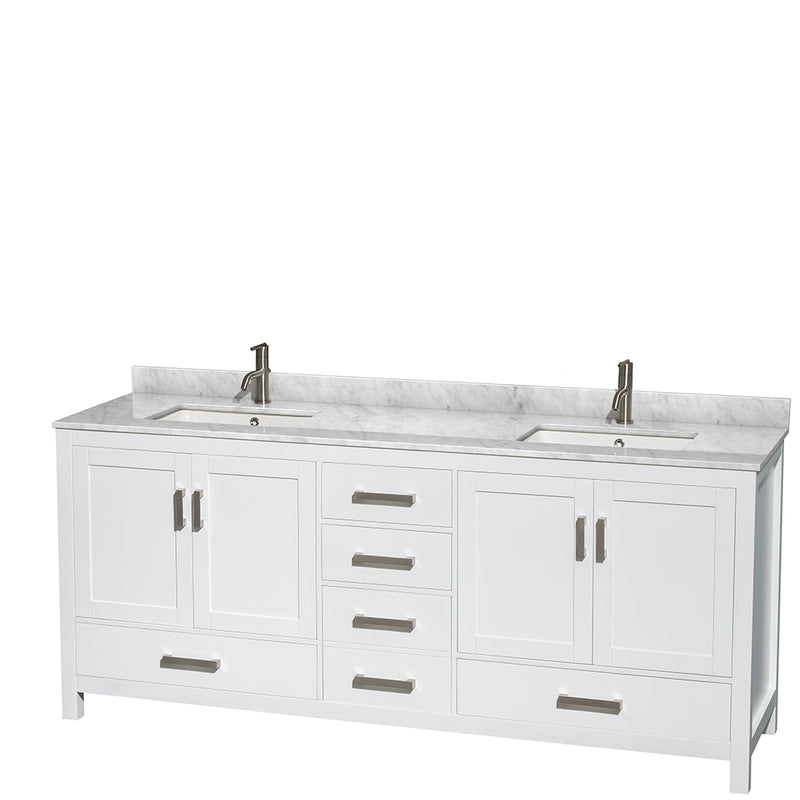 Wyndham Sheffield 80" Double Bathroom Vanity In White White Carrara Marble Countertop Undermount Square Sinks And No Mirror WCS141480DWHCMUNSMXX