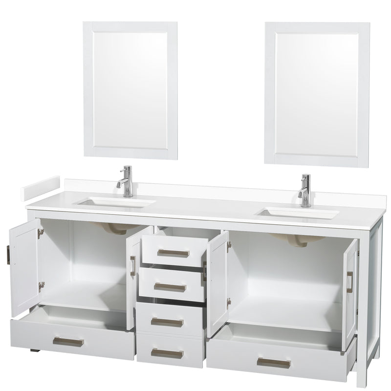 Wyndham Sheffield 80" Double Bathroom Vanity In White with White Cultured Marble Countertop Undermount Square Sinks and 24" Mirrors WCS141480DWHWCUNSM24