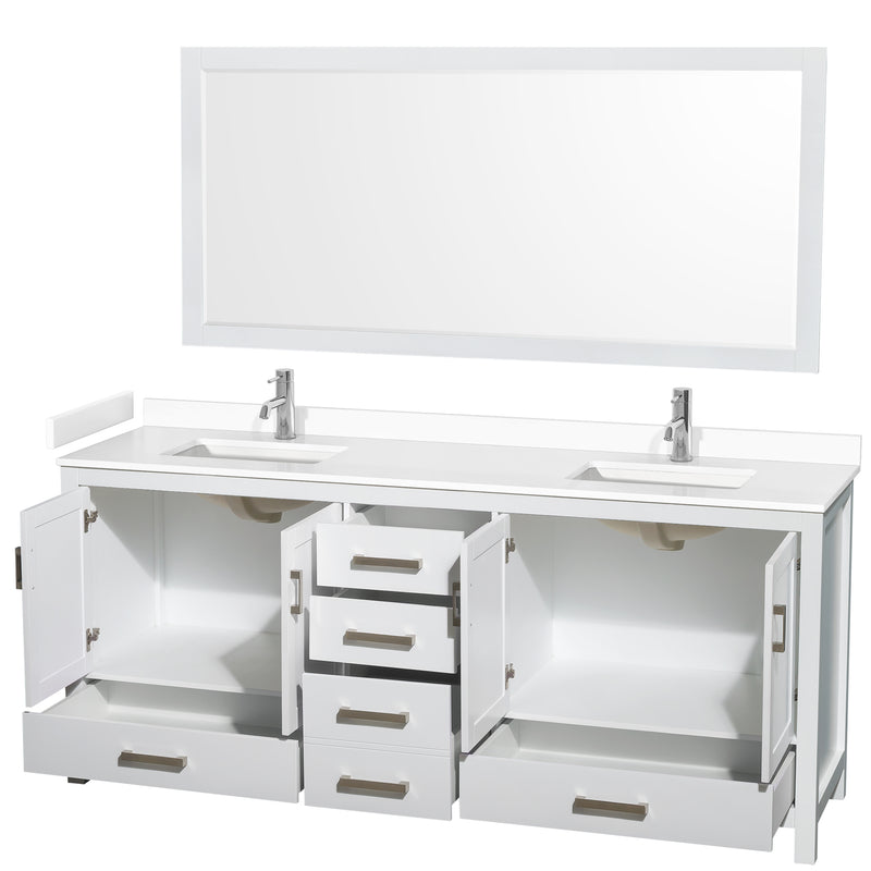 Wyndham Sheffield 80" Double Bathroom Vanity In White with White Cultured Marble Countertop Undermount Square Sinks and 70" Mirror WCS141480DWHWCUNSM70